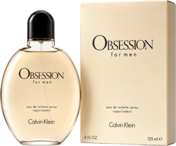 Męska woda toaletowa Calvin Klein Obsession, bursztynowa butelka i beżowe opakowanie z przodu.