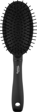 Czarna owalna szczotka do włosów z logiem Beauty, elastycznymi ząbkami i plastikową rączką, widok z przodu.