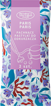 Fioletowe opakowanie Pachnących Pastylek do Odkurzacza Paris Paris, z ilustracją odkurzacza, 2 szt.
