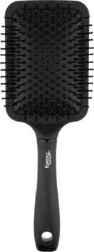 Czarna prostokątna szczotka do włosów typu paddle brush z matowym uchwytem i logo Beauty, widok z przodu.