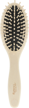 Beżowa owalna szczotka do włosów for your Beauty z drewnianymi, masującymi końcówkami, widok z przodu.