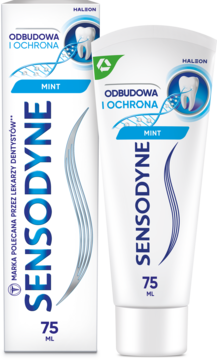 Biała tubka pasty Sensodyne Odbudowa i Ochrona Mint 75ml obok opakowania, widoczne napisy.