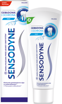 Sensodyne Odbudowa i Ochrona pasta do zębów Mint, biała tuba i pudełko, widok z przodu, tuba lekko pod kątem.