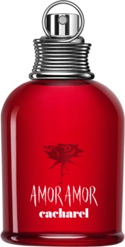 Czerwone perfumy kwiatowo-owocowe Cacharel Amor Amor, butelka z różą i srebrnym pierścieniem, widok z przodu.