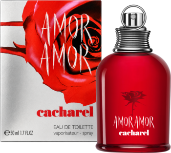 Cacharel Amor Amor, kwiatowo-owocowe perfumy EDT w czerwonej butelce z metalowym korkiem i białym pudełku z różą.