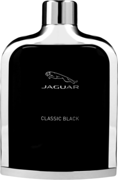 Jaguar Classic Black woda toaletowa, czarna prostokątna butelka ze srebrnym korkiem i logo jaguara, widok z przodu.