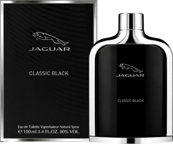Czarna woda toaletowa Jaguar Classic Black w prostokątnej butelce i pudełku. Srebrne logo i akcenty.