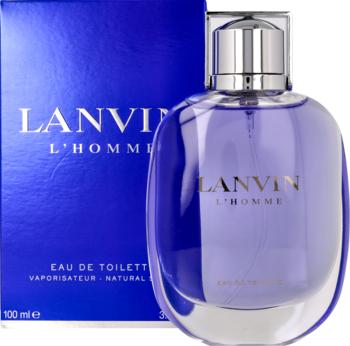 Lanvin L'Homme męska woda toaletowa w fioletowym flakonie ze srebrnym korkiem, obok granatowe pudełko.