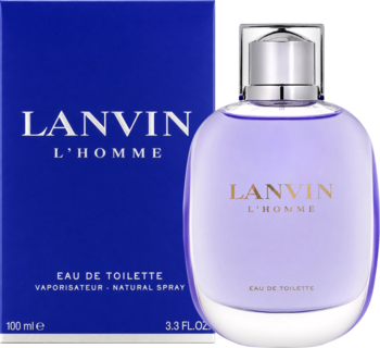Lanvin L'Homme Eau de Toilette męska: jasnofioletowy flakon z srebrnym korkiem i niebieskie pudełko.