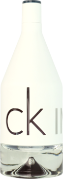 CK IN2U woda toaletowa 150 ml, biała butelka z napisem ck IN, przezroczysta podstawa, widok z przodu.