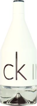 CK IN2U woda toaletowa 150 ml, biała butelka z napisem ck IN, przezroczysta podstawa, widok z przodu.