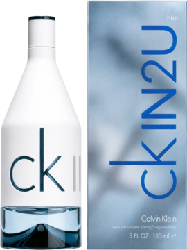 CK IN2U woda toaletowa dla mężczyzn 150ml. Biała butelka z niebieskim płynem i pasujące pudełko, widok z przodu.