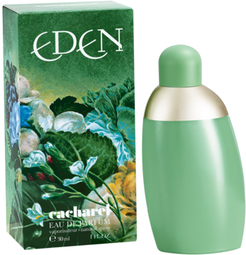 Damska woda perfumowana Cacharel Eden. Unikalna zielona butelka obok pudełka z bujnym kwiatowym wzorem.