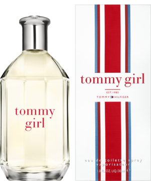 Tommy Hilfiger Tommy Girl woda toaletowa, butelka z srebrną zakrętką i białe pudełko z pionowymi pasami.