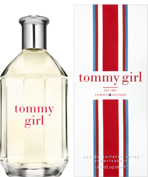 Tommy Hilfiger Tommy Girl woda toaletowa, butelka z srebrną zakrętką i białe pudełko z pionowymi pasami.