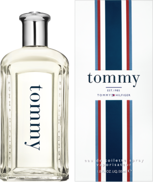 Tommy Hilfiger Tommy męska woda toaletowa: szklana butelka z logo obok białego pudełka z paskami.