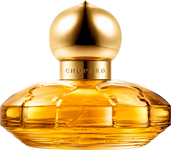 Casmir Chopard orientalno-waniliowa woda perfumowana w złotej, zdobionej butelce z rzeźbioną nakrętką, widok z przodu.