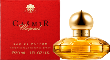 Złota, karbowana butelka Casmir Chopard 30ml i czerwone pudełko perfum damskich, orientalno-waniliowych.
