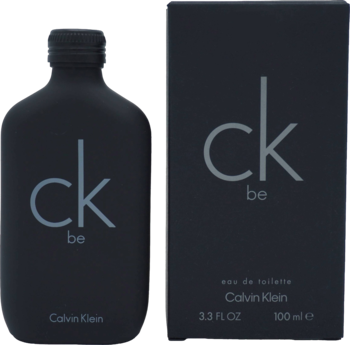 CK be woda toaletowa Calvin Klein: matowa czarna butelka w kształcie flakonu i pudełko z szarym logo.