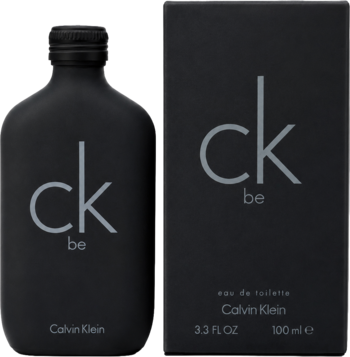 Calvin Klein CK Be woda toaletowa unisex, matowa czarna butelka i pudełko z szarym logo, widok przód.
