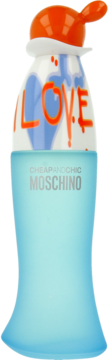 Moschino I Love Love, damska woda toaletowa. Niebieska butelka z białym topem i pomarańczową nakrętką, napis "I LOVE".
