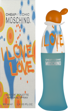 Moschino I Love Love EDT, kwiatowo-owocowa, w białym pudełku i niebieskim flakonie z grafiką I LOVE LOVE.