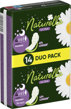 Duo pack podpasek Naturella Ultra Night, ciemnozielone opakowania z fioletowymi detalami, widok z przodu.