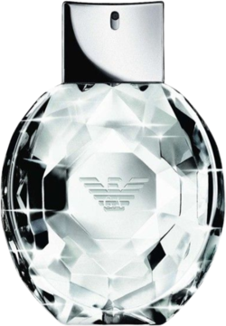 Emporio Armani Diamonds woda perfumowana, przezroczysta butelka w kształcie oszlifowanego diamentu z logo, widok z przodu.