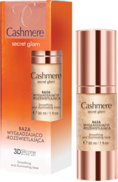 Cashmere secret glam baza wygładzająco-rozświetlająca w rose gold butelce z pompką obok pomarańczowego pudełka.