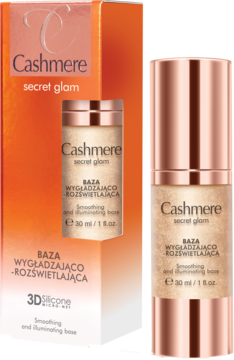 Cashmere secret glam baza wygładzająco-rozświetlająca w rose gold butelce z pompką obok pomarańczowego pudełka.