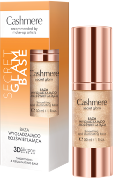 Cashmere Secret Glam Base, baza wygładzająco-rozświetlająca 3D, w pudełku i różowo-złotej butelce.
