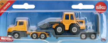 Zestaw zabawek Siku: żółta ciężarówka z lawetą przewożącą żółtą ładowarkę, widok z przodu w blistrze.