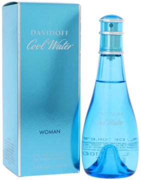 Davidoff Cool Water Woman woda toaletowa 100ml, turkusowa butelka i pudełko, widok z przodu pod kątem.