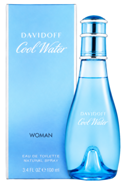 Davidoff Cool Water Woman 100ml EDT, turkusowy flakon w kształcie kropli z metalową zakrętką, obok pudełko.