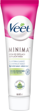 Biała tubka Veet Minima kremu do depilacji 100 ml, widok z przodu, różowe tło, z informacją o mniejszej ilości chemikaliów.