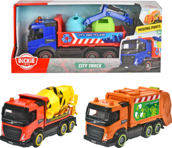 Dickie Toys Volvo: ciężarówka recyklingowa w opakowaniu, czerwona betoniarka i pomarańczowa śmieciarka z napędem.