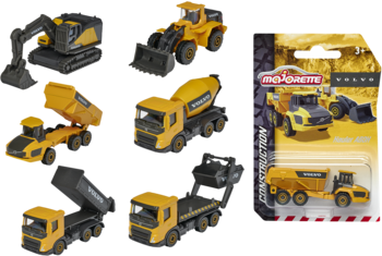 Metalowe pojazdy budowlane Volvo: koparka, ładowarka, betoniarka, wywrotki, widok na zestaw i opakowanie.