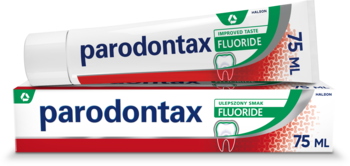 Parodontax Fluoride pasta, biała tubka i pudełko 75 ml, z niebieskim napisem i czerwonym pasem.