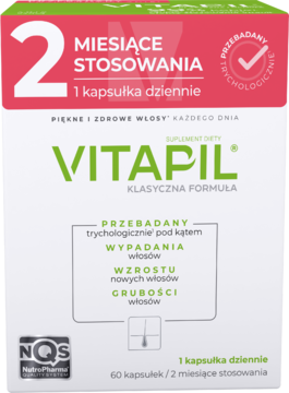 Białe pudełko suplementu diety Vitapil Klasyczna Formuła, 60 kapsułek na 2 miesiące stosowania, widok z przodu.