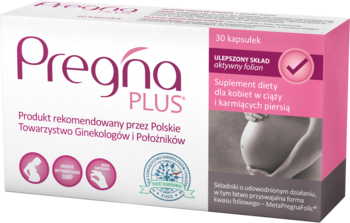 Pregna PLUS suplement diety dla kobiet w ciąży i karmiących, biało-różowe pudełko, widok z góry.