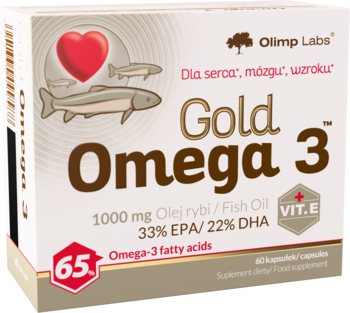 Olimp Labs Gold Omega 3, białe pudełko z olejem rybim 1000 mg na serce, mózg, wzrok, widok z przodu.