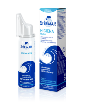 Stérimar Higiena Nosa w białej butelce i niebieskim kartonie, widok z przodu. Zawiera spray do nosa.