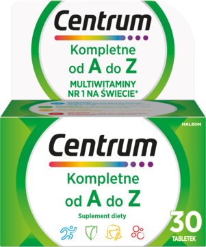 Centrum Kompletne od A do Z, multiwitaminy 30 tabletek, zielone opakowanie suplementu diety, widok z przodu.