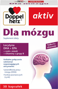 Biało-fioletowe pudełko suplementu Doppelherz aktiv Dla mózgu z DHA, EPA, cynkiem i witaminami B, widok z przodu.