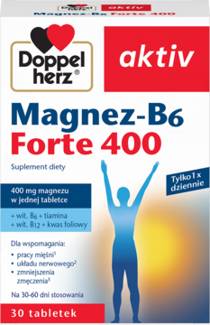 Doppelherz aktiv Magnez-B6 Forte 400 suplement diety, czerwono-białe pudełko, widok z przodu, z ludzką sylwetką.