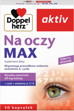 Białe opakowanie Doppelherz Na oczy MAX, suplementu diety z luteiną, wit. A, C, E, cynkiem, front z okiem.