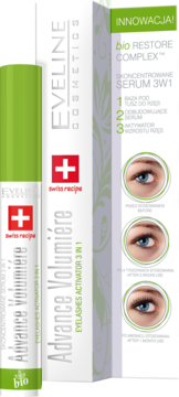 Eveline Advance Volumiere Eyelashes Activator 3w1 serum do rzęs, zielono-biała tubka i pudełko, widok z przodu.