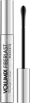 Mascara Volumix Fiberlast ultra-length & curl-up, srebrna tuba z czarną stożkową szczoteczką widoczną z bliska.