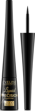 Eveline Liquid Precision Eyeliner 2000 PROCENT, czarna butelka, odkryty precyzyjny aplikator.