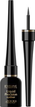 Eveline Liquid Precision eyeliner. Czarna buteleczka ze złotymi detalami, obok otwarta z cienkim aplikatorem.